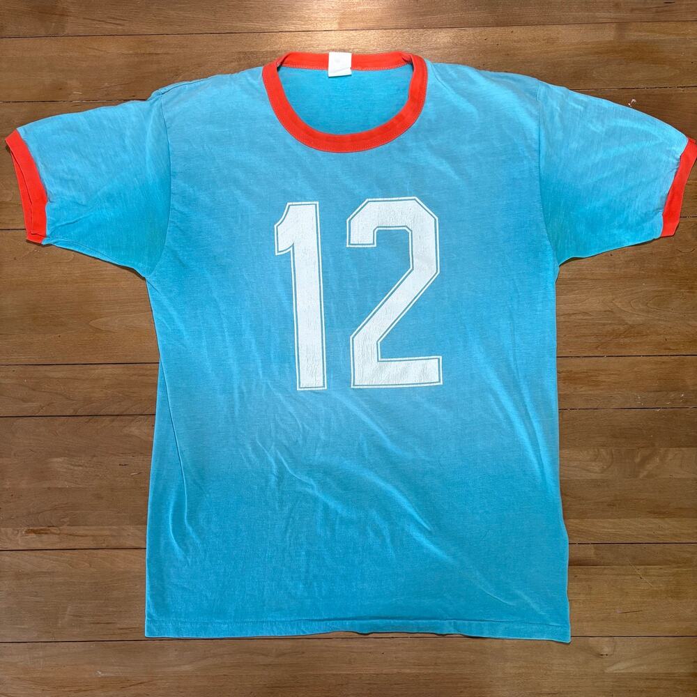 Vintage 70s 80s Ringer Tee Light Blue Orange Trim #12 Single Stitch T-Shirt